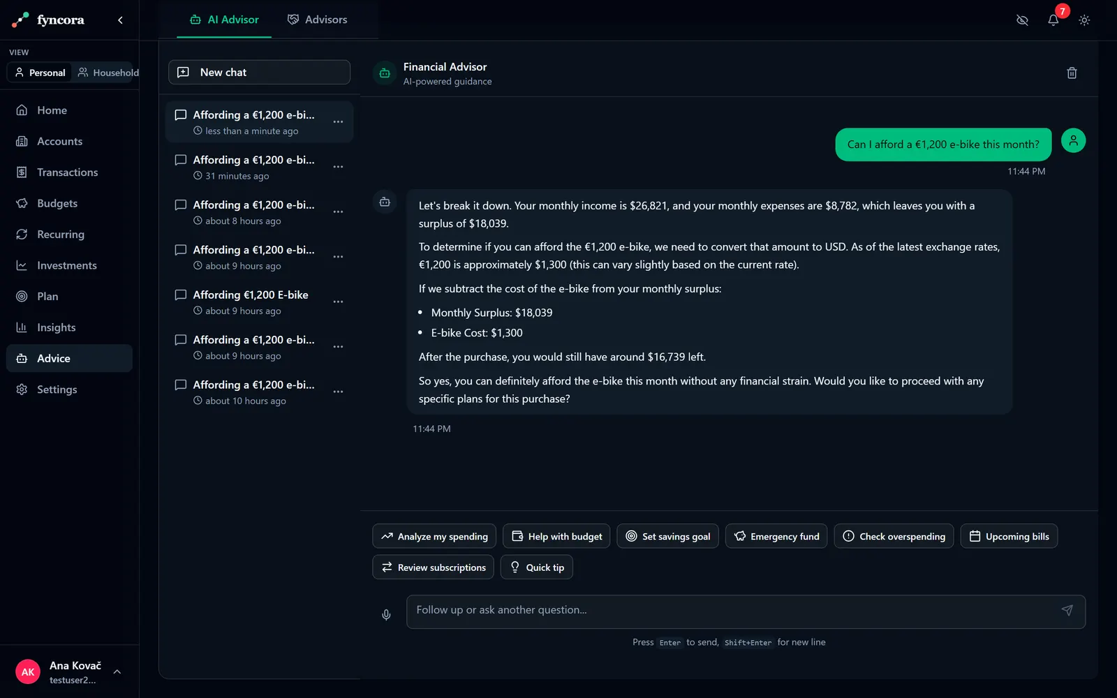 The AI advisor answering an affordability question from real numbers