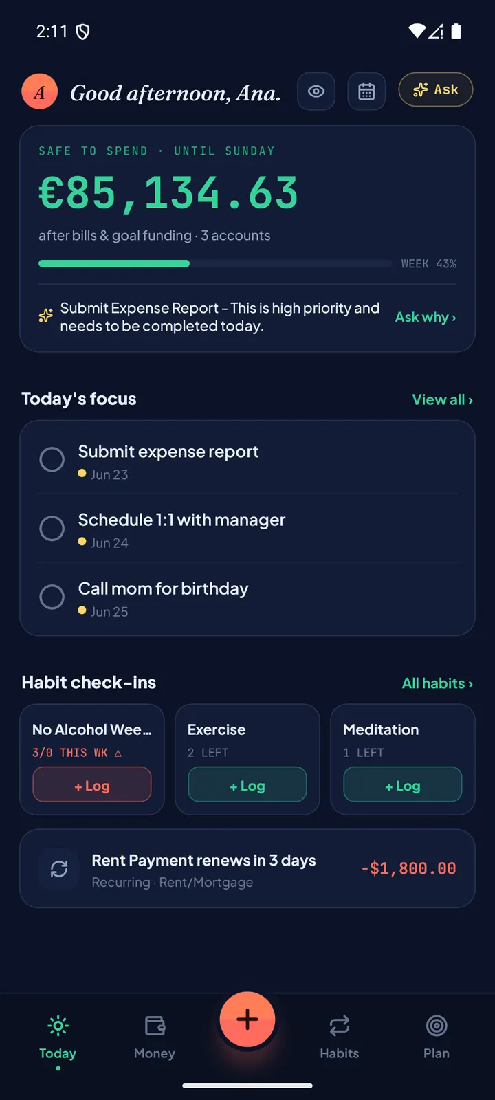 Fyncora mobile app Today screen with safe-to-spend, focus tasks and habit check-ins