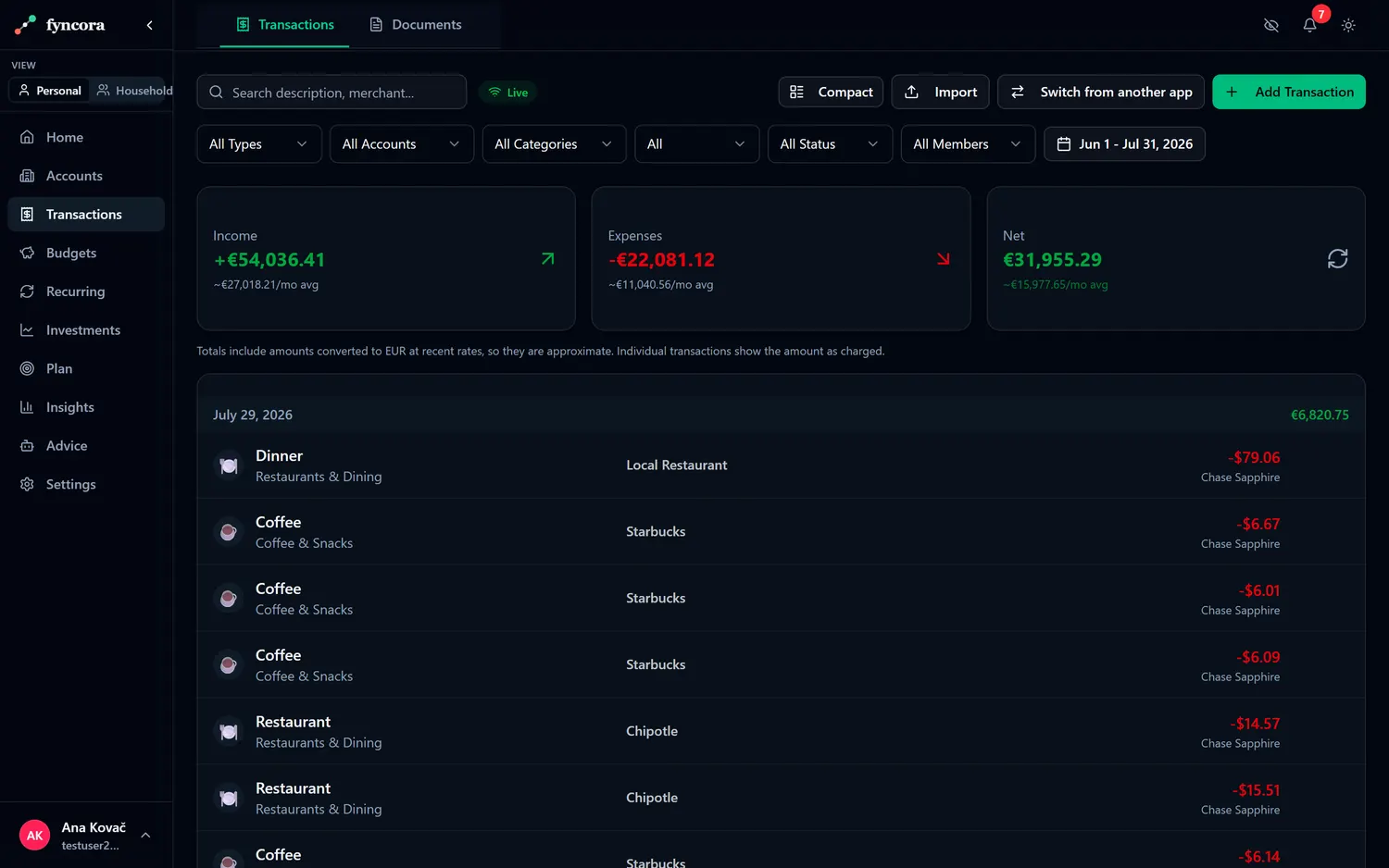 Fyncora transactions with EU merchants in euros and converted totals