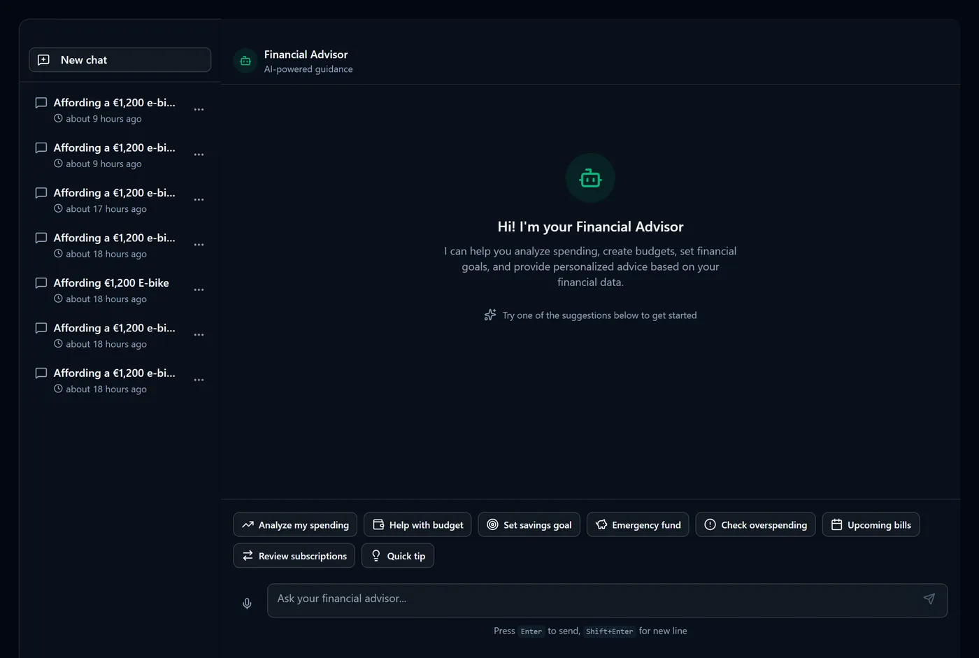 The AI advisor page with its suggested questions and the conversation area