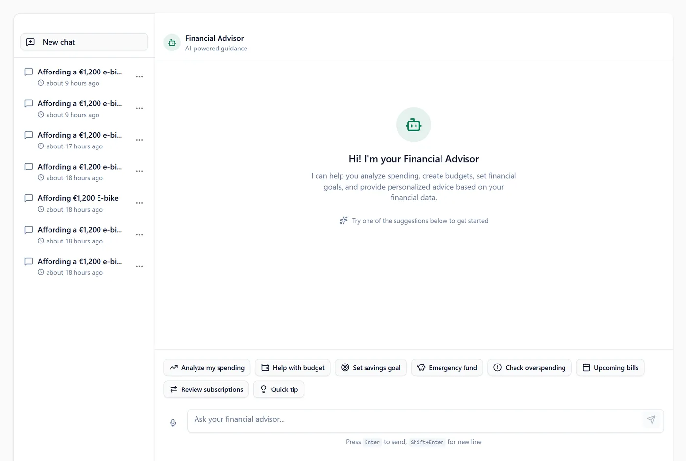 The AI advisor page with its suggested questions and the conversation area