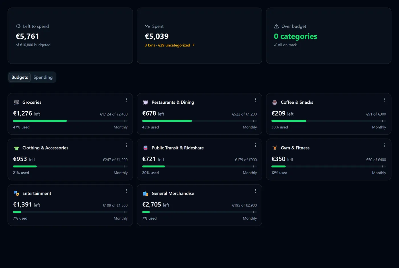 The Budgets page, showing a monthly limit with a progress bar and a pace marker
