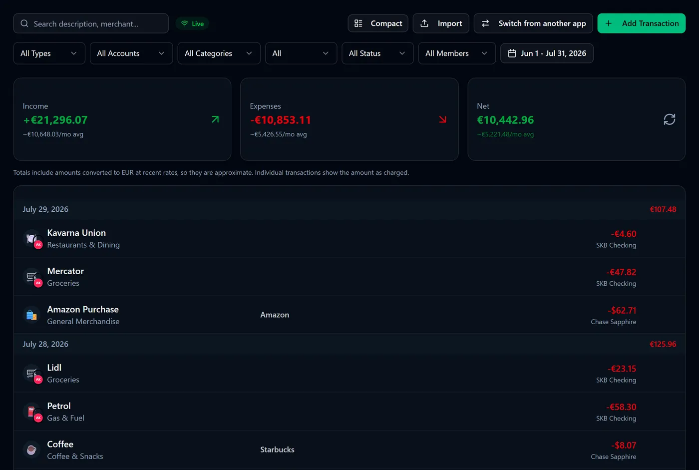 The transactions list with its filters, showing each amount in the currency it was recorded in