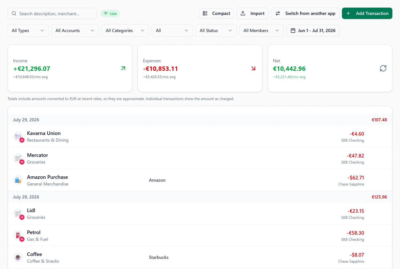 The transactions list with its filters, showing each amount in the currency it was recorded in